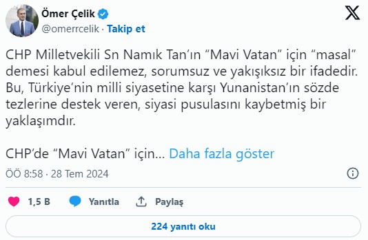 AK Parti'den Mavi Vatan için 'Masal' diyen CHP'li Namık Tan'a tepki: Siyasi pusulasını kaybetmiş...